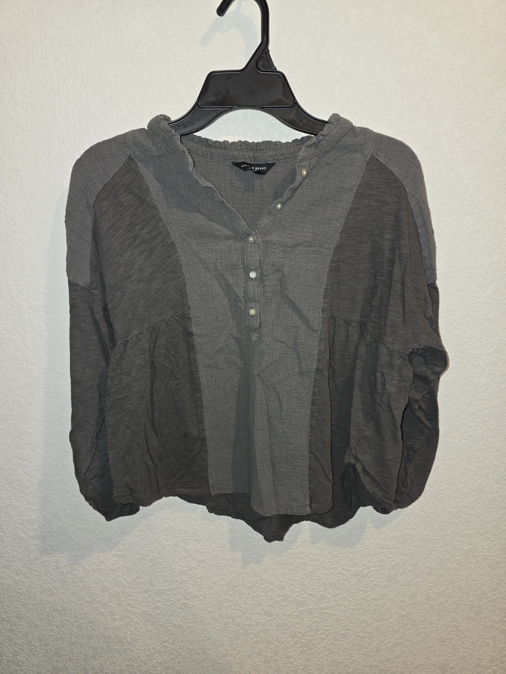 Lucky Brand Two-Tone Charcoal Grey Gauze Henley Blouse - Women's Size Small